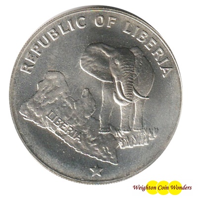 1973 Republic of Liberia Silver Five Dollar - Elephant